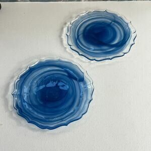 Hand-blown Glass Lunch Plates Set of 2 8" Cobalt Blue Swirl